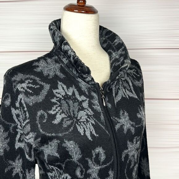 Peruvian Link Alpaca Black Gray Floral Zip Front Mock Neck Cardigan Sweater S - Picture 5 of 12